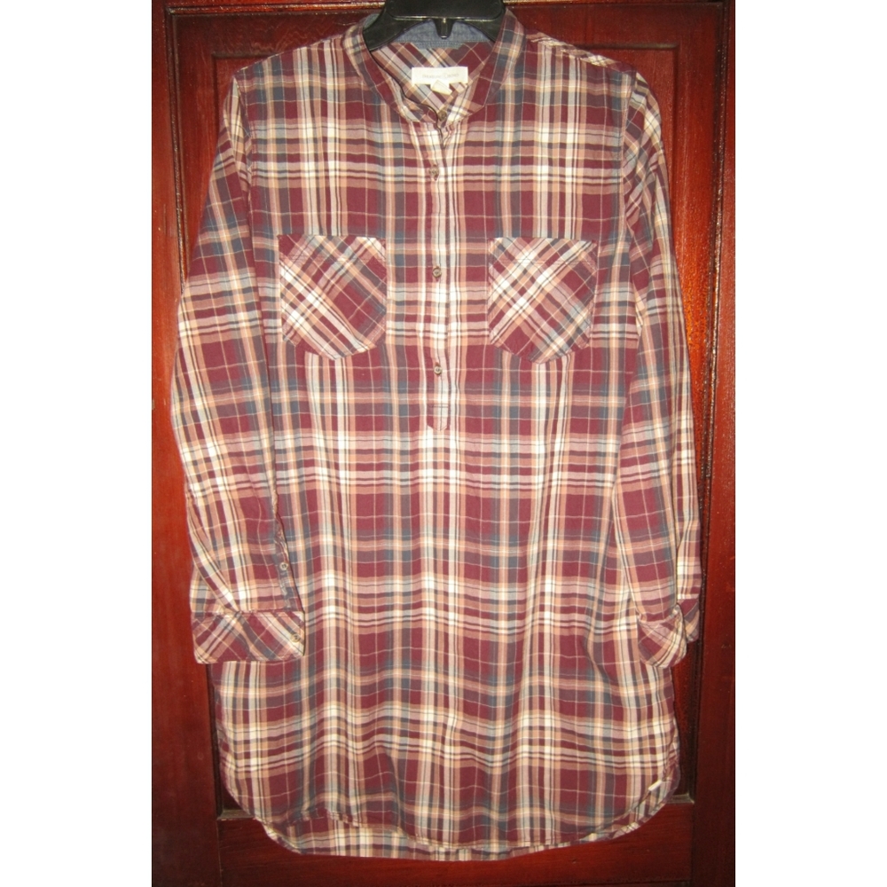 Treasure & Bond Size M Tunic Shirt Dress Plaid Popover Pockets Cotton Short